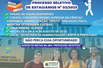Prefeitura de Coronel Barros abre Processo Seletivo para Estagiários