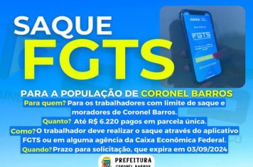 O Município de Coronel Barros recebe comunicado da Centralizadora Nacional de Relacionamento FGTS informando a habilitação do município para solicitações de saque do FGTS por estado de calamidade pública