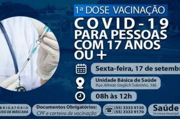 Sexta, 16 de setembro tem vacinação contra a Covid-19 para pessoas de 17 anos ou mais