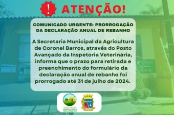 COMUNICADO URGENTE: PRORROGAÇÃO DA DECLARAÇÃO ANUAL DE REBANHO