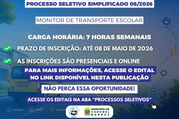 PROCESSO SELETIVO 08/2026 ABERTO - SELEÇÃO PARA MONITOR DE TRANSPORTE ESCOLAR