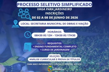 Prefeitura de Coronel Barros abre Processo Seletivo Simplificado para contratação de Jardineiro