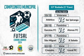 Confira os jogos da 13ª rodada do Campeonato Municipal de Futsal de Coronel Barros