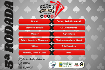 Amanhã, terça-feira, 22 de julho de 2025, às 19h30, no Centro de Convivência ocorre a 5ª rodada do Campeonato Municipal de Canastra de Coronel Barros.  Confira os confrontos: