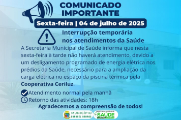 Interrupção temporária nos atendimentos da Saúde na tarde desta sexta-feira em Coronel Barros.