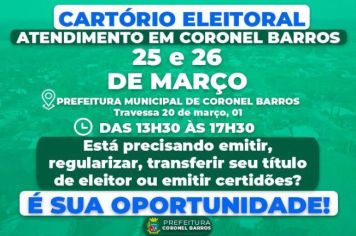 COMUNICADO O Cartório Eleitoral de Ijuí comunica que estará realizando o atendimento dos eleitores no município de Coronel Barros nos dias 25/03 (segunda) à 26/03/2024 (terça), das 13:30 às 17:30h.