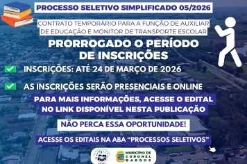 Prorrogado o Período de Inscrições - Processo seletivo simplificado 05/2026