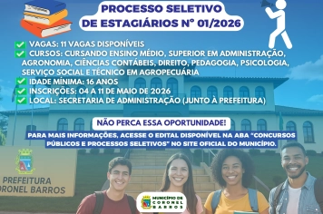 A Prefeitura de Coronel Barros abriu oficialmente o Processo Seletivo de Estagiários nº 01/2026