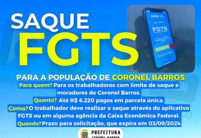 O Município de Coronel Barros recebe comunicado da Centralizadora Nacional de Relacionamento FGTS informando a habilitação do município para solicitações de saque do FGTS por estado de calamidade pública