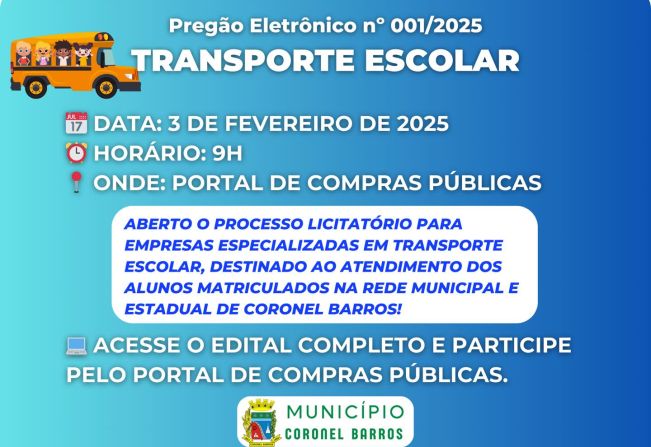 Prefeitura de Coronel Barros abre licitação para transporte escolar