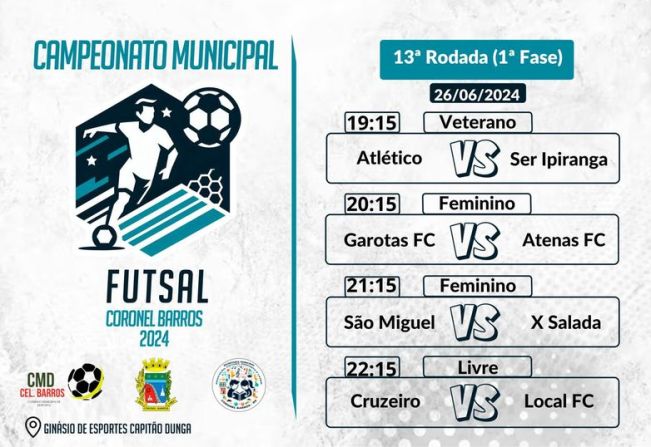 Confira os jogos da 13ª rodada do Campeonato Municipal de Futsal de Coronel Barros