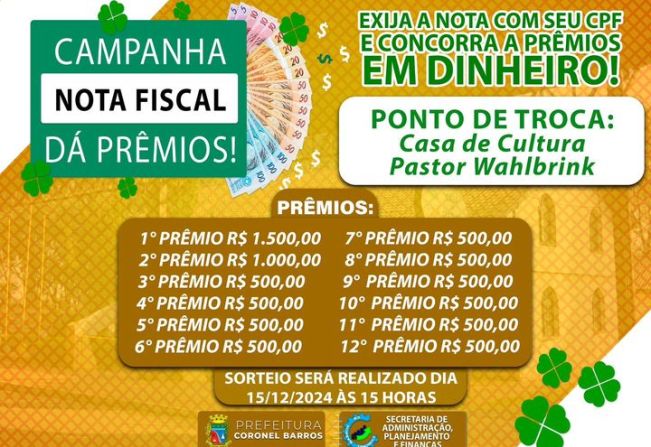 A Prefeitura de Coronel Barros, através da Secretaria de Administração, Planejamento e Finanças, já iniciou a troca das notas fiscais por cartelas, a fim de que o contribuinte possa concorrer aos prêmios de R$ 1.500,00, R$ 1.000,00 e 10 prêmios de R$ 500,