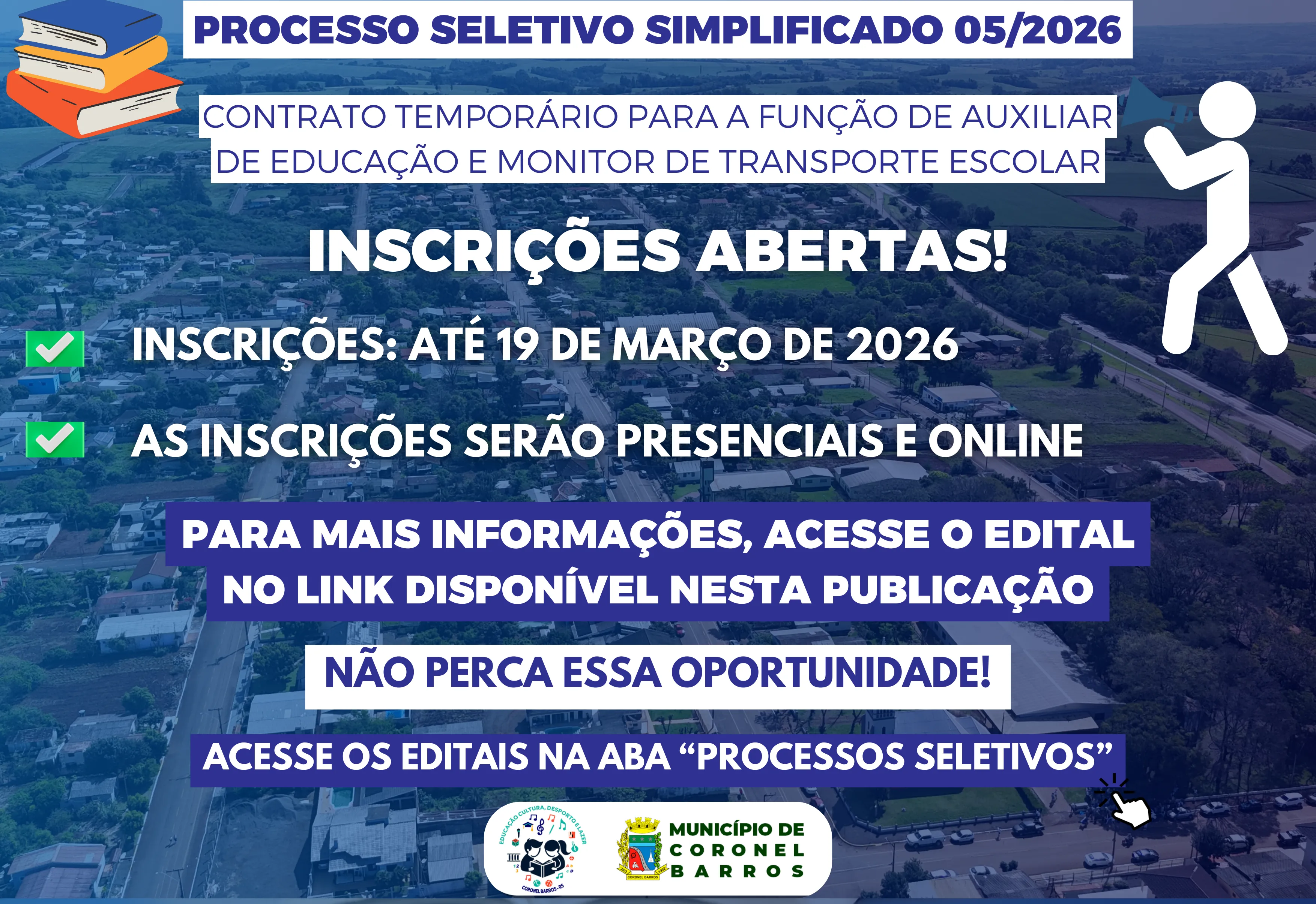 Abre inscrição para contrato temporário para a função de Auxiliar de Educação e Monitor de Transporte Escolar. 